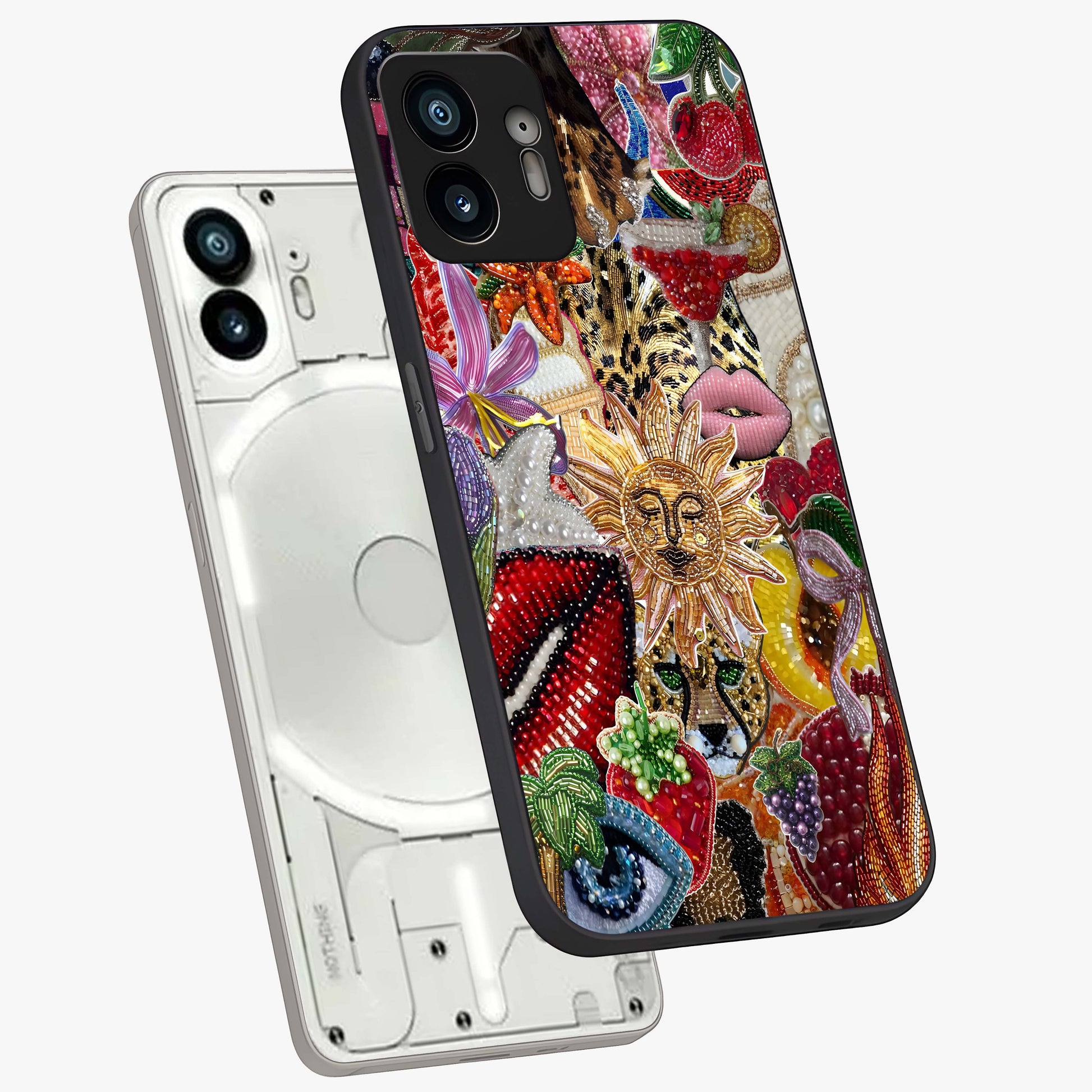 Beaded Fashion Jungle Glass Case displayed in angled mockup highlighting colorful fashion bead design and artistic pattern.