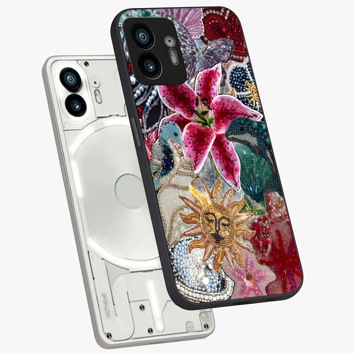 Beaded Garden Fantasy Glass Case displayed in angled mockup highlighting fantasy inspired floral bead pattern.