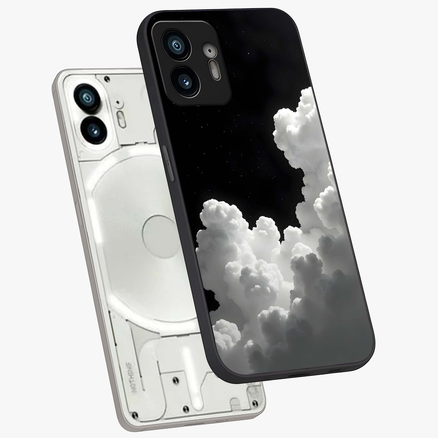 Black Background With White Cloud Glass Case displayed in angled mockup highlighting soft white cloud illustration and minimal design.
