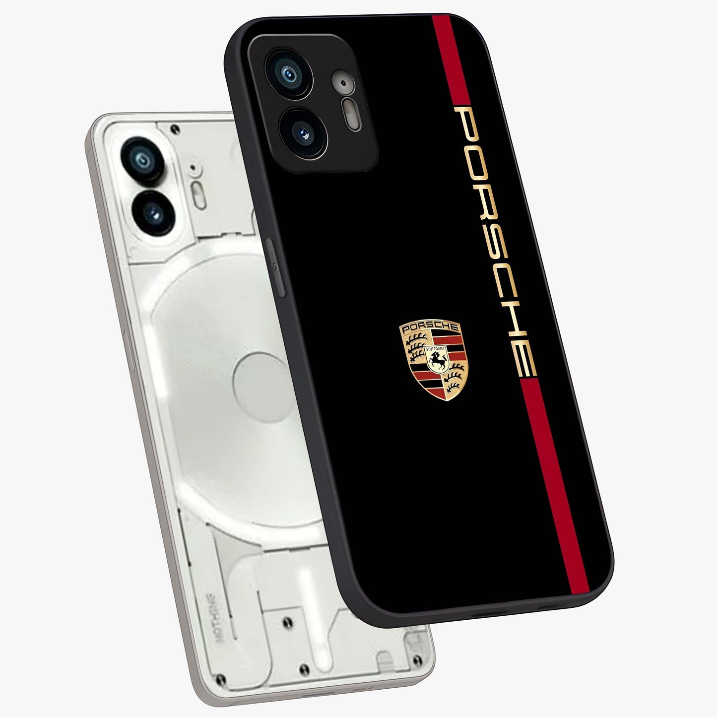 Black Minimal Porsche Glass Case displayed in angled mockup highlighting modern minimal car illustration and clean aesthetic design.