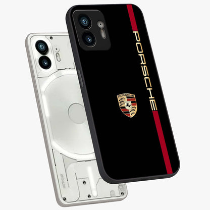 Black Minimal Porsche Glass Case displayed in angled mockup highlighting modern minimal car illustration and clean aesthetic design.