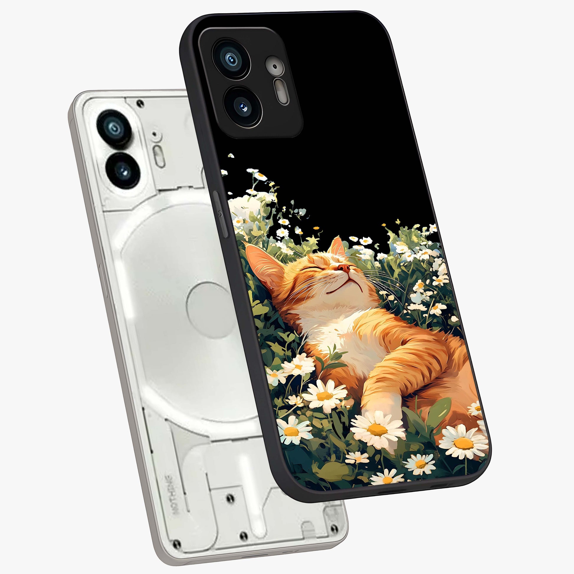 Blissful Bloom Cat Glass Case displayed in angled mockup highlighting playful feline illustration with soft floral aesthetic.