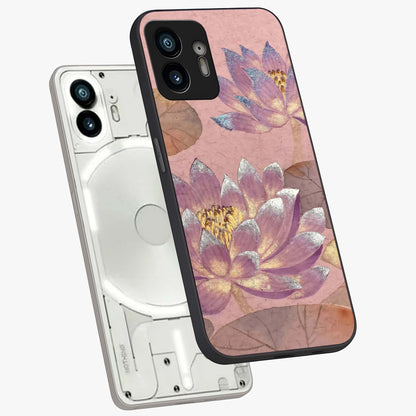 Blossom Mist Lotus Glass Case displayed in angled mockup highlighting delicate lotus illustration with calm aesthetic theme.