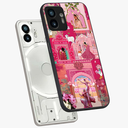Blossoms of Rajasthan Glass Case displayed in angled mockup highlighting vibrant floral pattern with cultural aesthetic style.