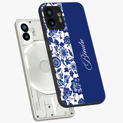 Blue Vintage Floral Pattern Glass Case displayed in angled mockup highlighting subtle bloom pattern with aesthetic pastel design.