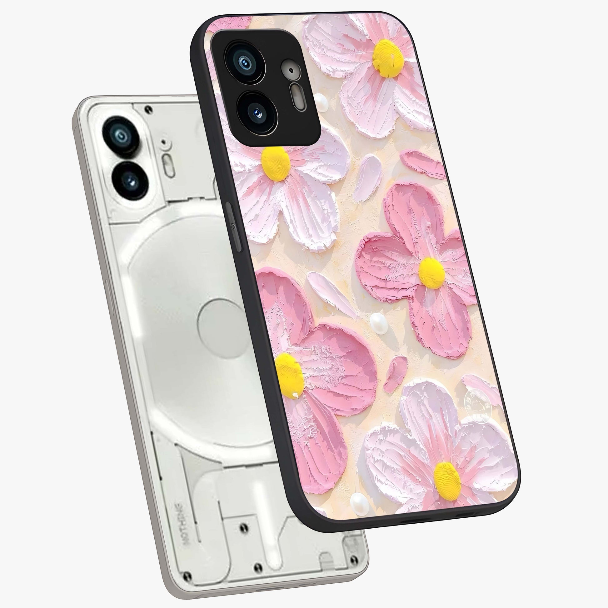 Blush Bloom Texture Glass Case displayed in angled mockup highlighting subtle bloom pattern with aesthetic pastel design.