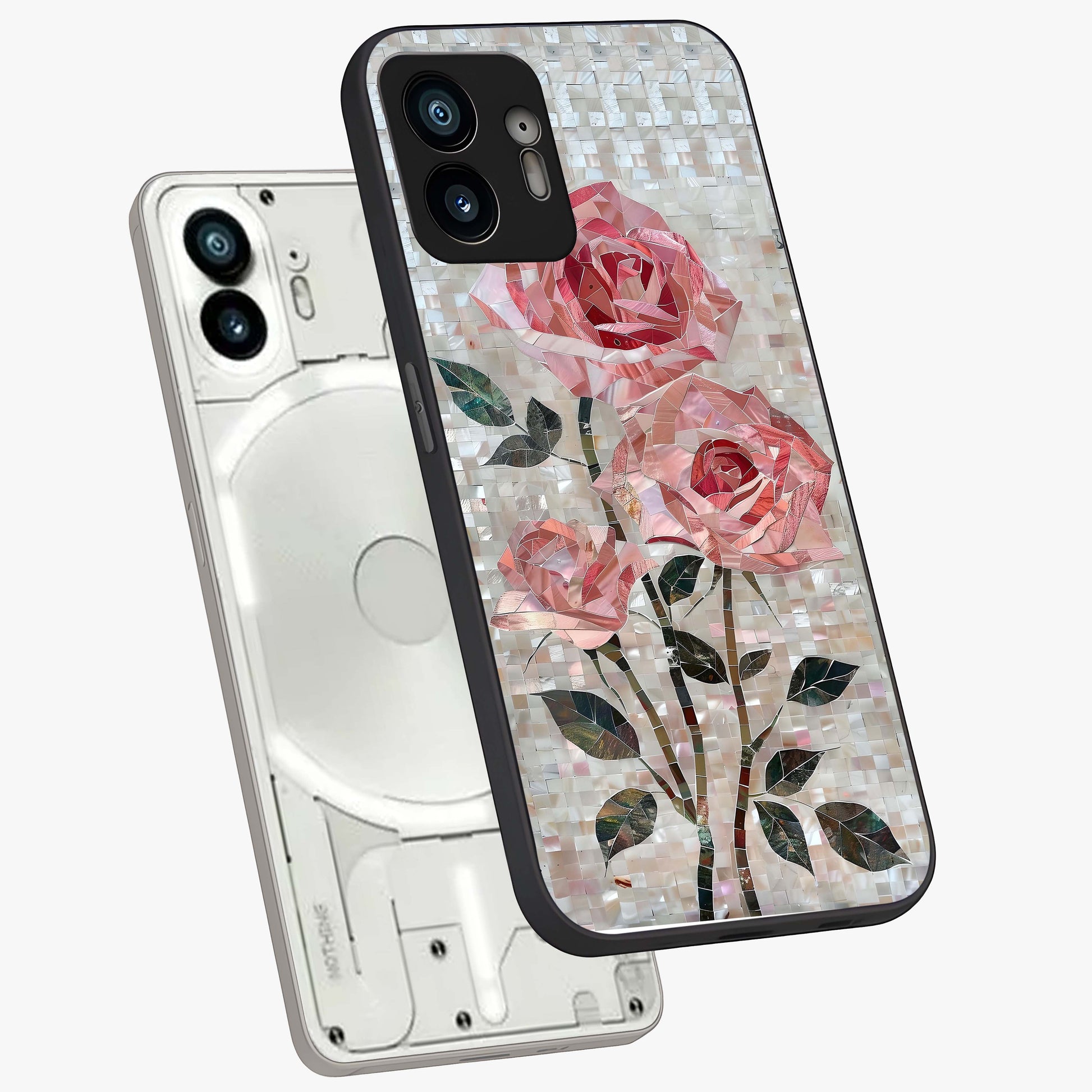 Blush Mosaic Bloom Glass Case displayed in angled mockup highlighting artistic mosaic flower pattern with aesthetic design.