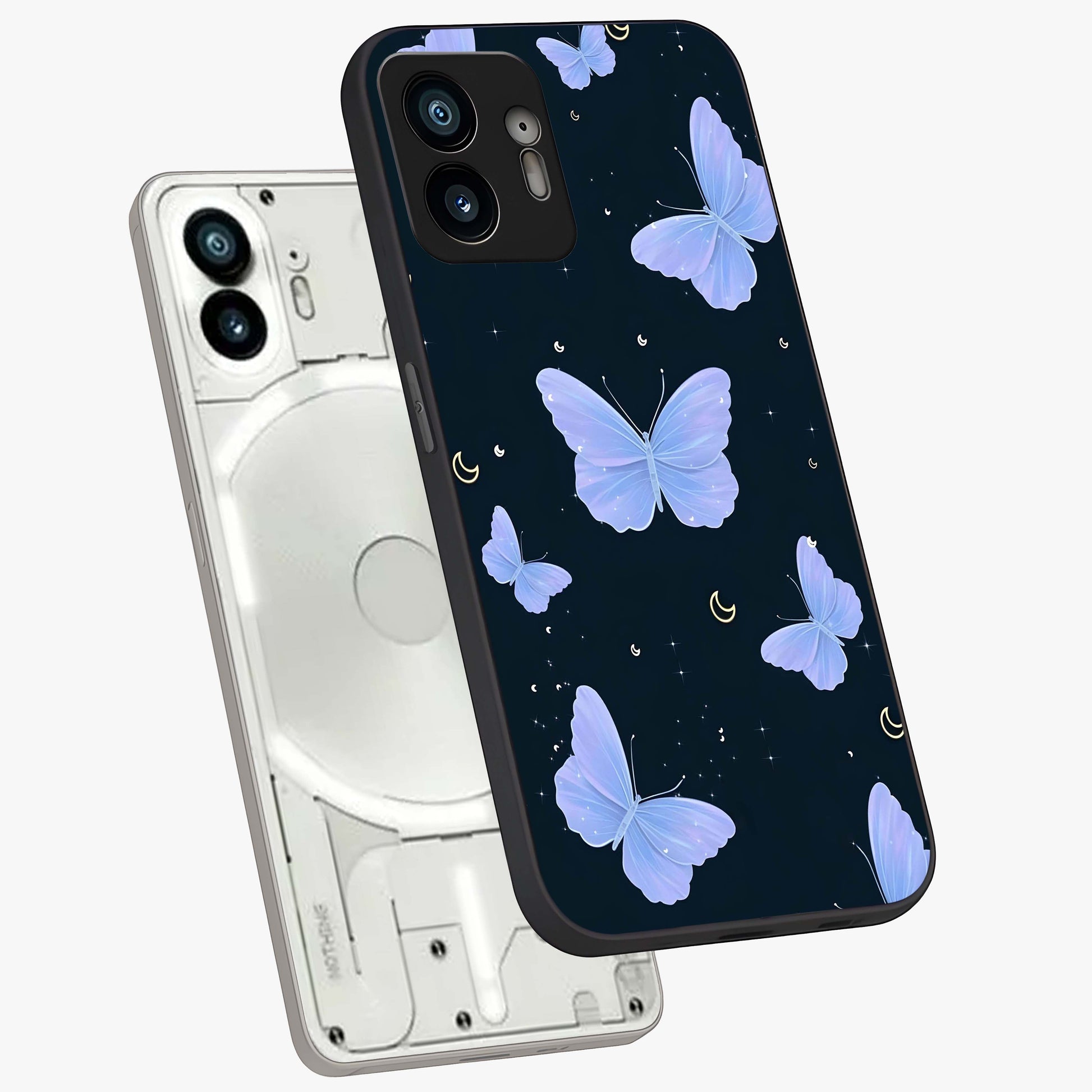 Butterfly With Stars Pattern Glass Case displayed in angled mockup highlighting dreamy butterfly and star design with aesthetic theme.