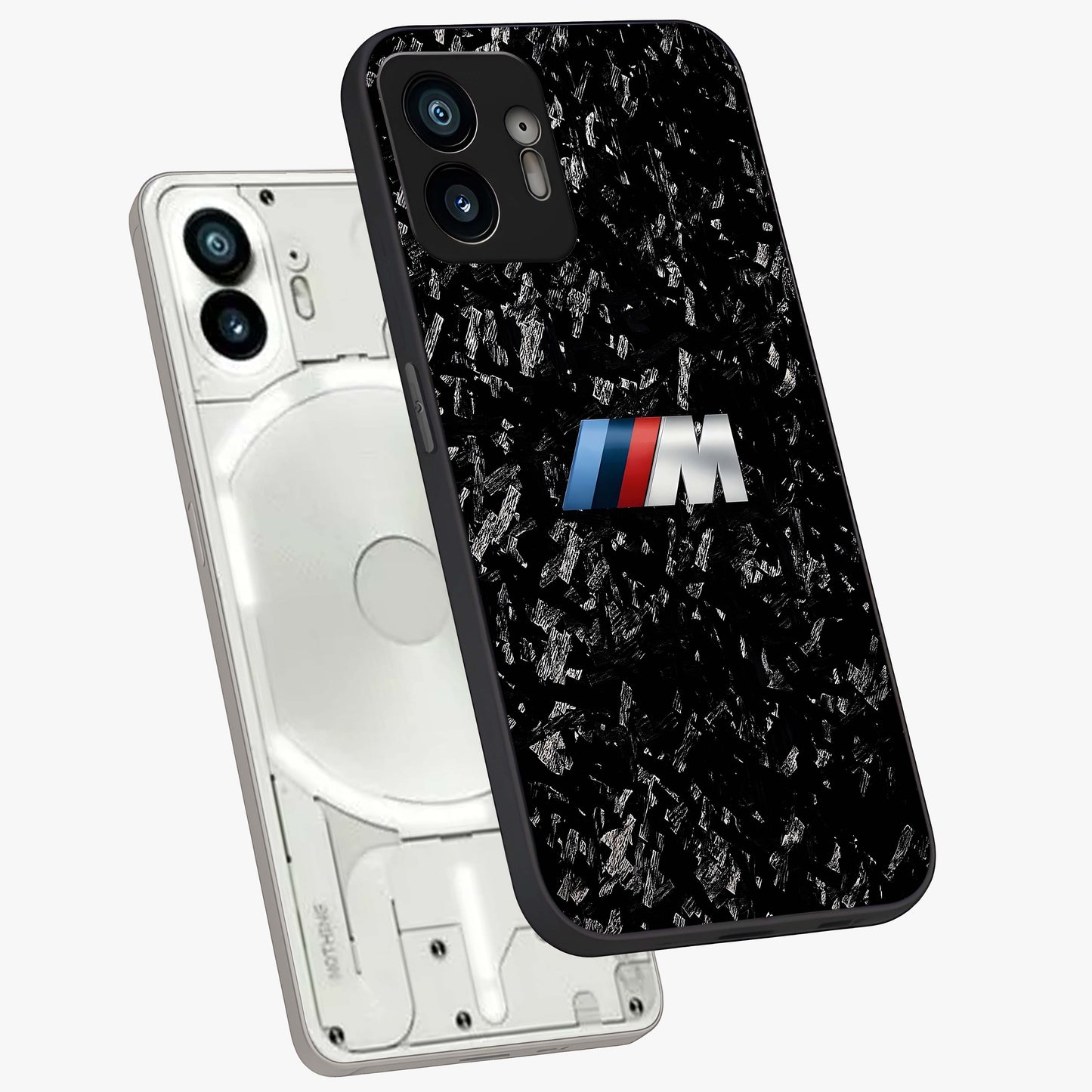 Carbon Speed Mark Glass Case displayed in angled mockup highlighting racing inspired carbon design and sleek aesthetic style.