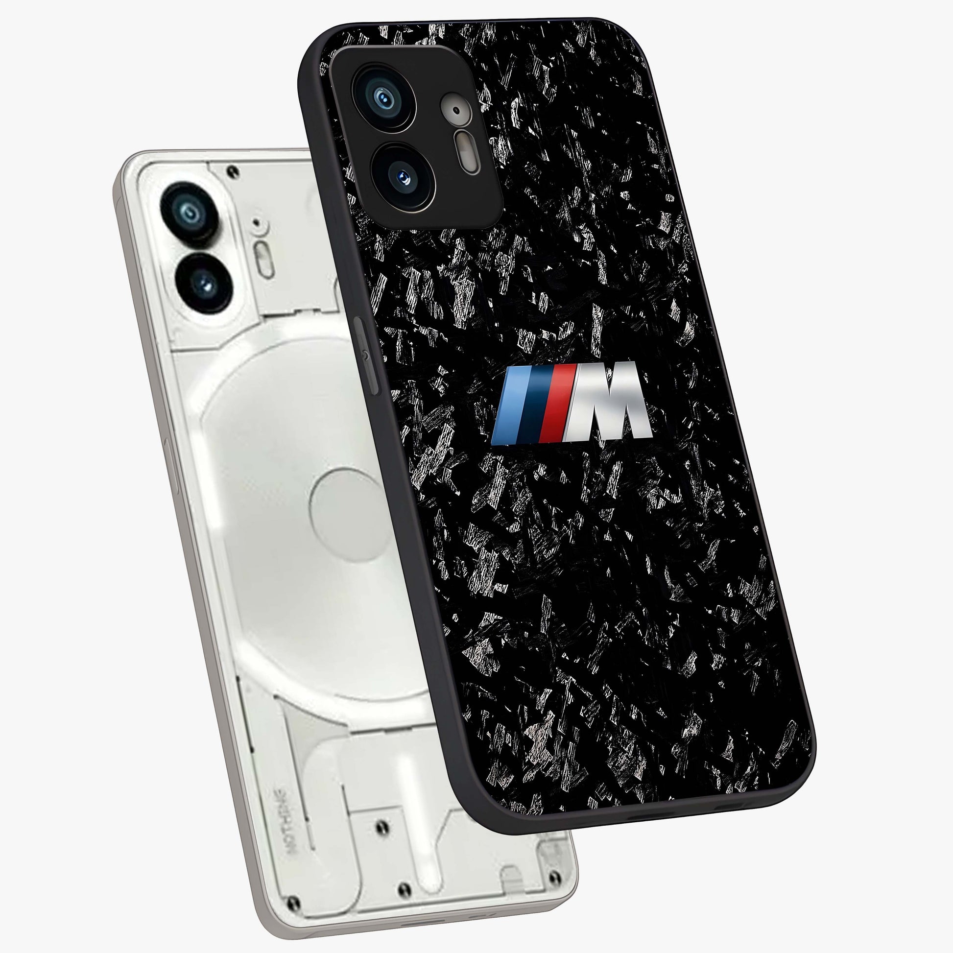 Carbon Speed Mark Glass Case displayed in angled mockup highlighting racing inspired carbon design and sleek aesthetic style.