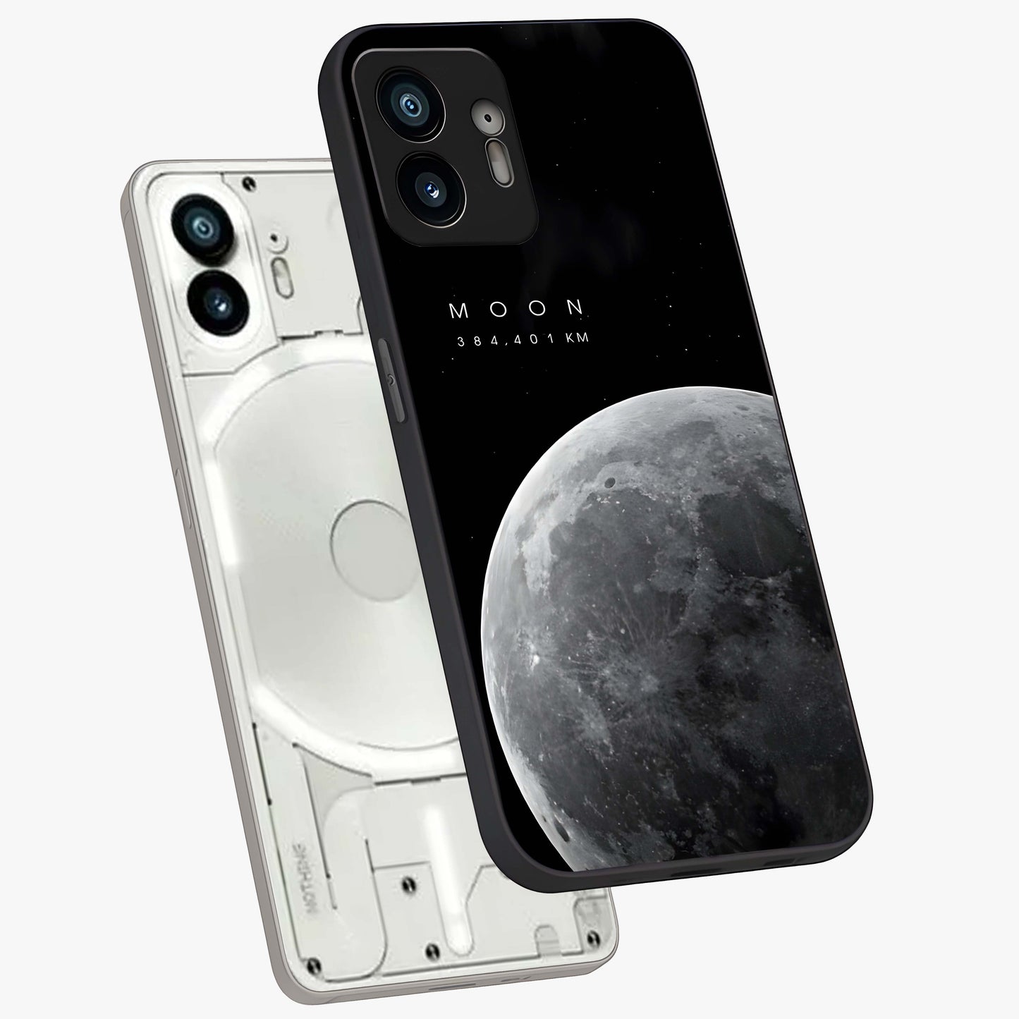 Cosmic Moon Glow Glass Case displayed in angled mockup highlighting celestial moon design with cosmic aesthetic theme.