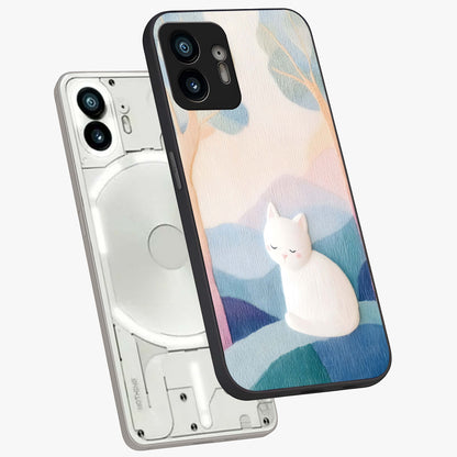 Cotton Dream Cat Glass Case displayed in angled mockup highlighting cute feline illustration with pastel aesthetic style.