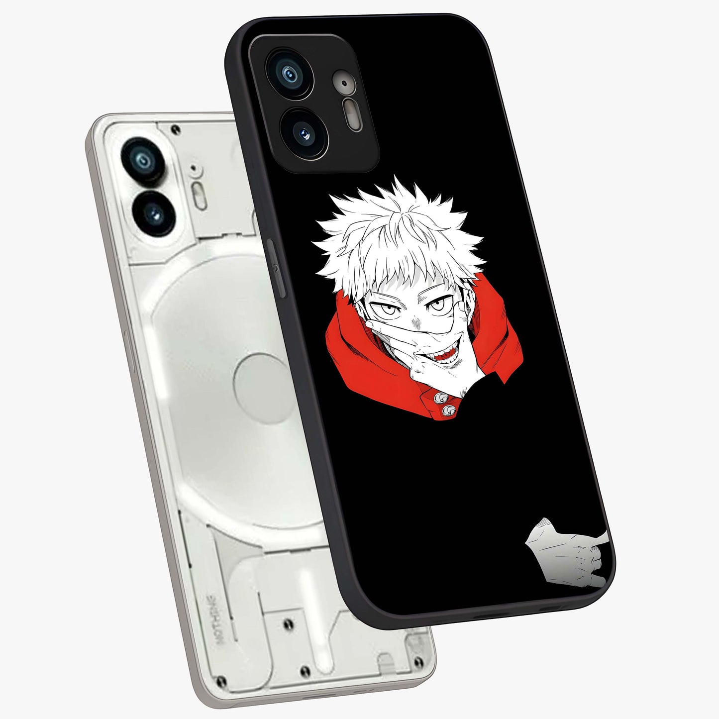 Crimson Chaos Smile Glass Case displayed in angled mockup highlighting edgy crimson smile design with graphic aesthetic.