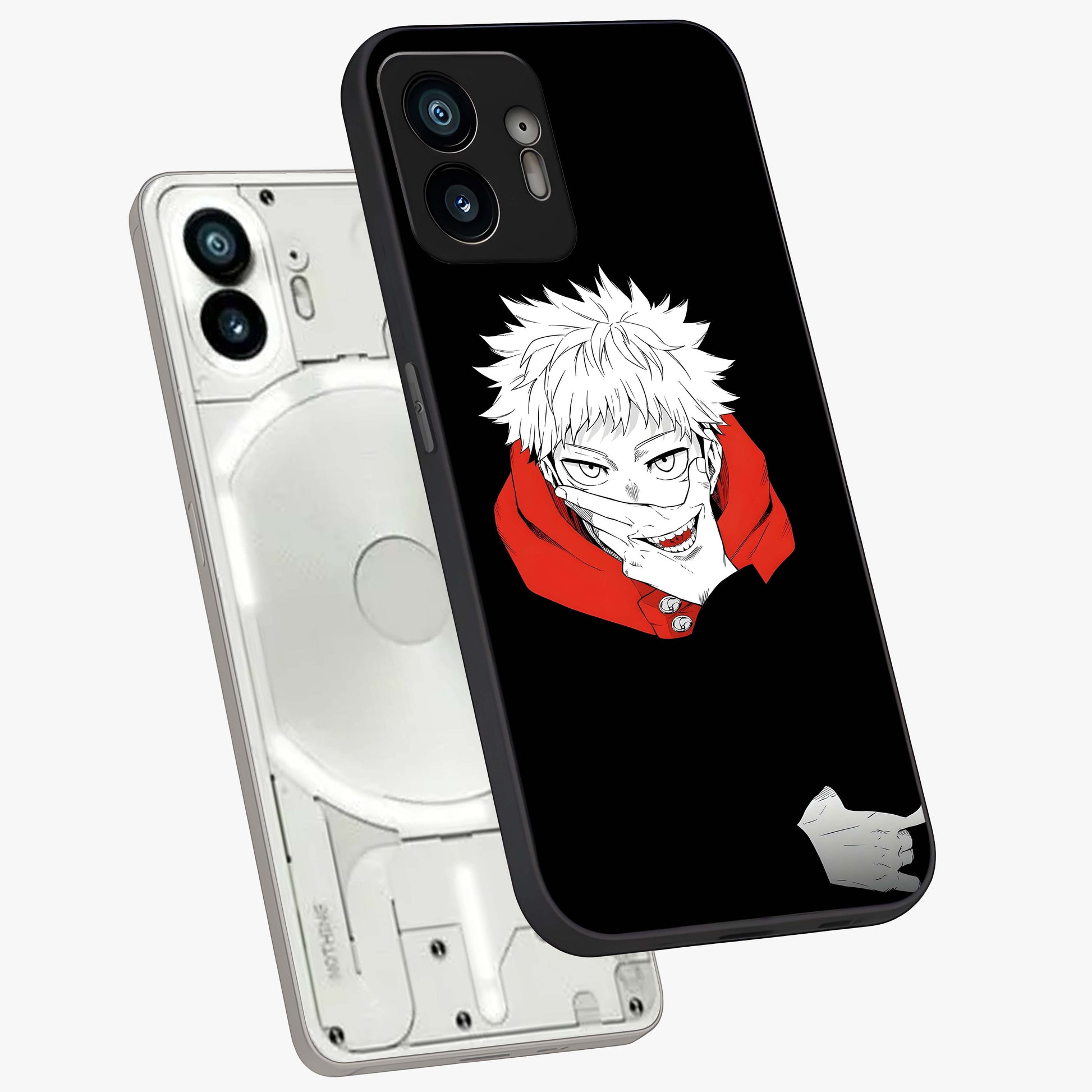Crimson Chaos Smile Glass Case displayed in angled mockup highlighting edgy crimson smile design with graphic aesthetic.