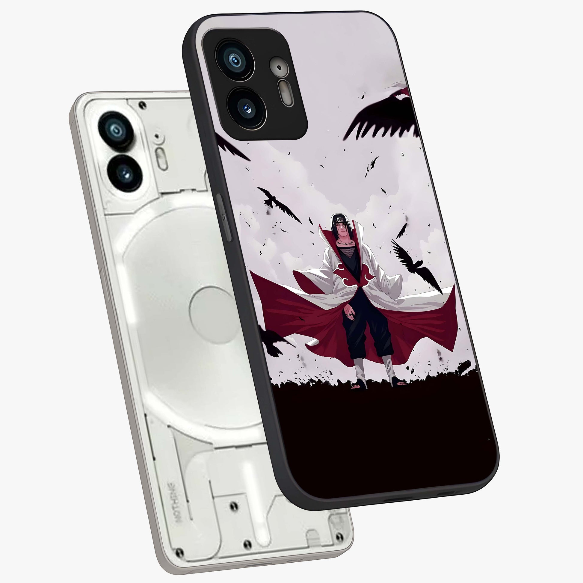 Crimson Crow Ascension Glass Case displayed in angled mockup highlighting powerful crow illustration with dark crimson aesthetic.