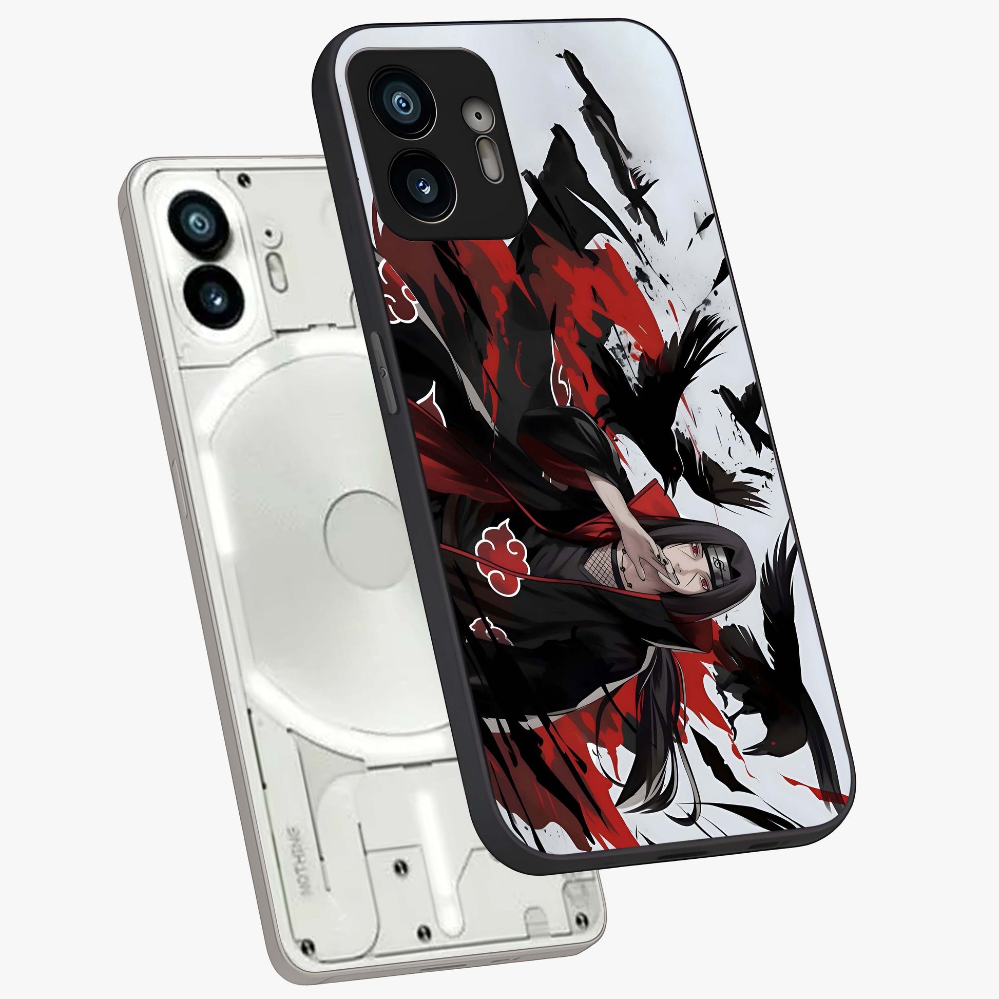 Crimson Crow Illusion Glass Case displayed in angled mockup highlighting mysterious crow graphic with dark aesthetic style.