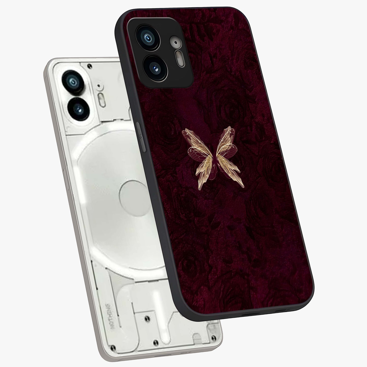 Crimson Fade Butterfly Glass Case displayed in angled mockup highlighting elegant butterfly design with crimson gradient aesthetic.