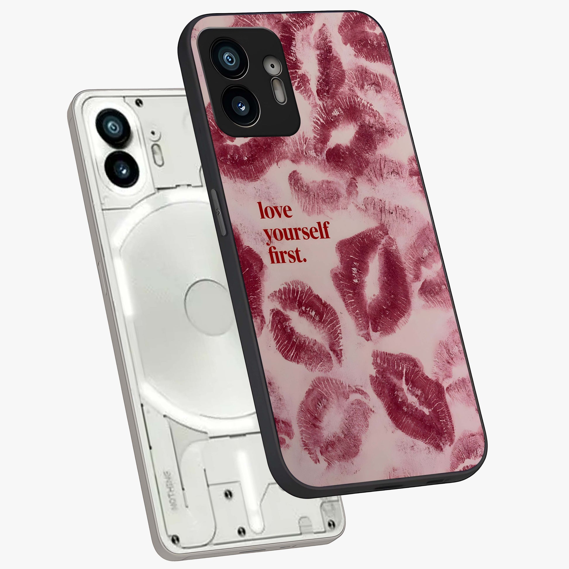 Crimson Kiss Love Glass Case displayed in angled mockup highlighting bold love inspired design with modern aesthetic style.