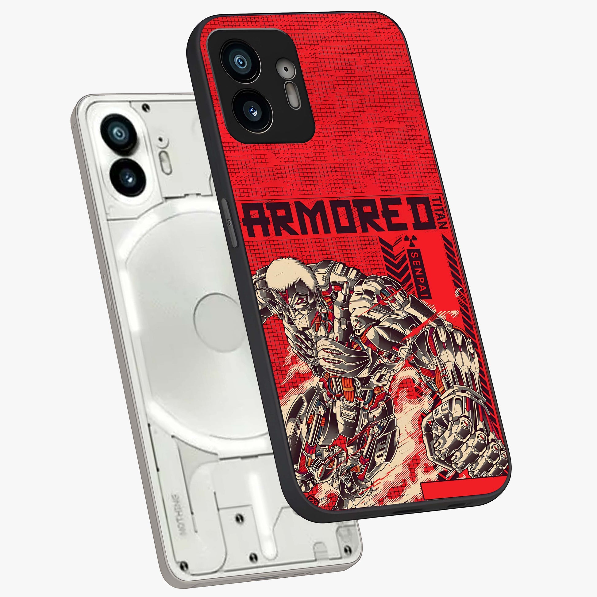 Crimson Mecha Titan Glass Case displayed in angled mockup highlighting futuristic mech illustration with bold crimson aesthetic.