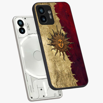 Crimson Sun Majesty Glass Case displayed in angled mockup highlighting majestic crimson sun design with bold aesthetic style.