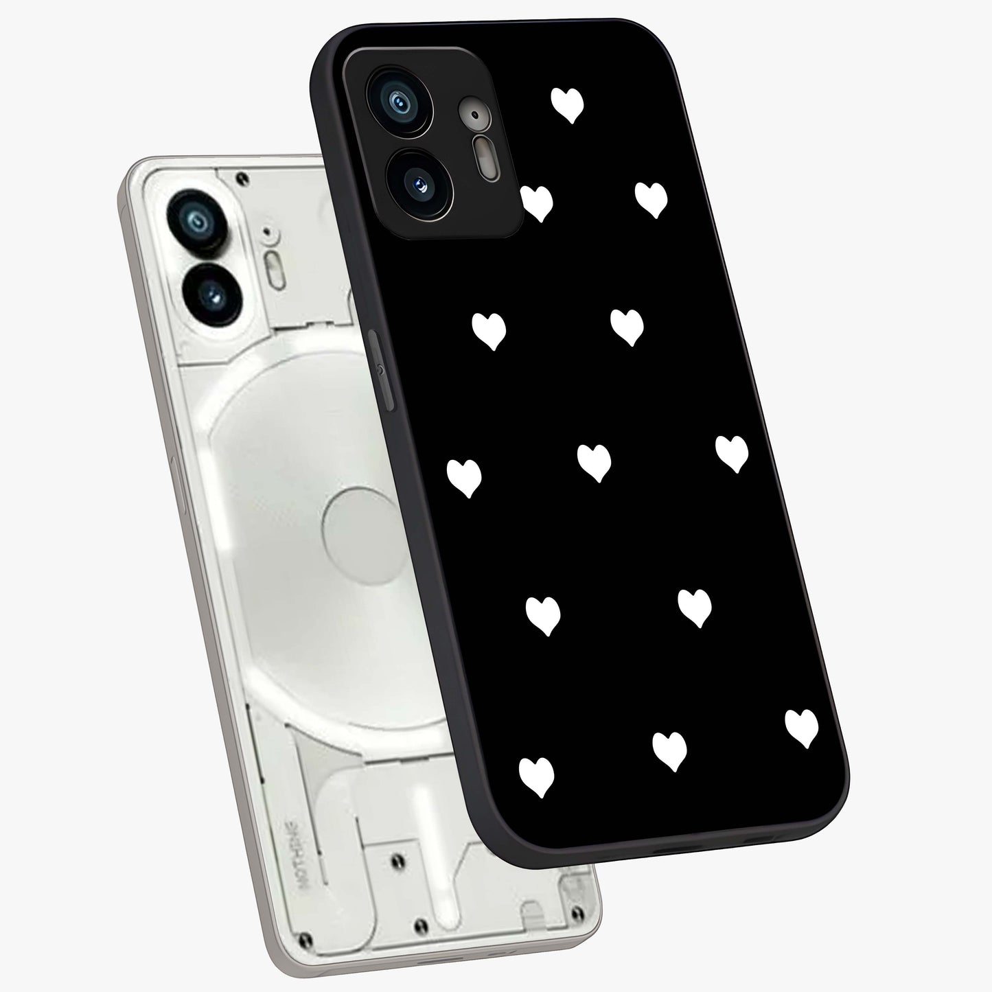 Cute And Simple White Hearts Glass Case displayed in angled mockup highlighting cute heart design with clean aesthetic style.
