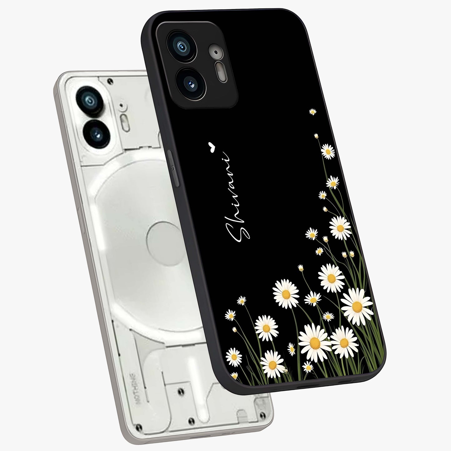 Daisy Cascade Custom Name Glass Case displayed in angled mockup highlighting delicate daisy artwork with custom name feature.