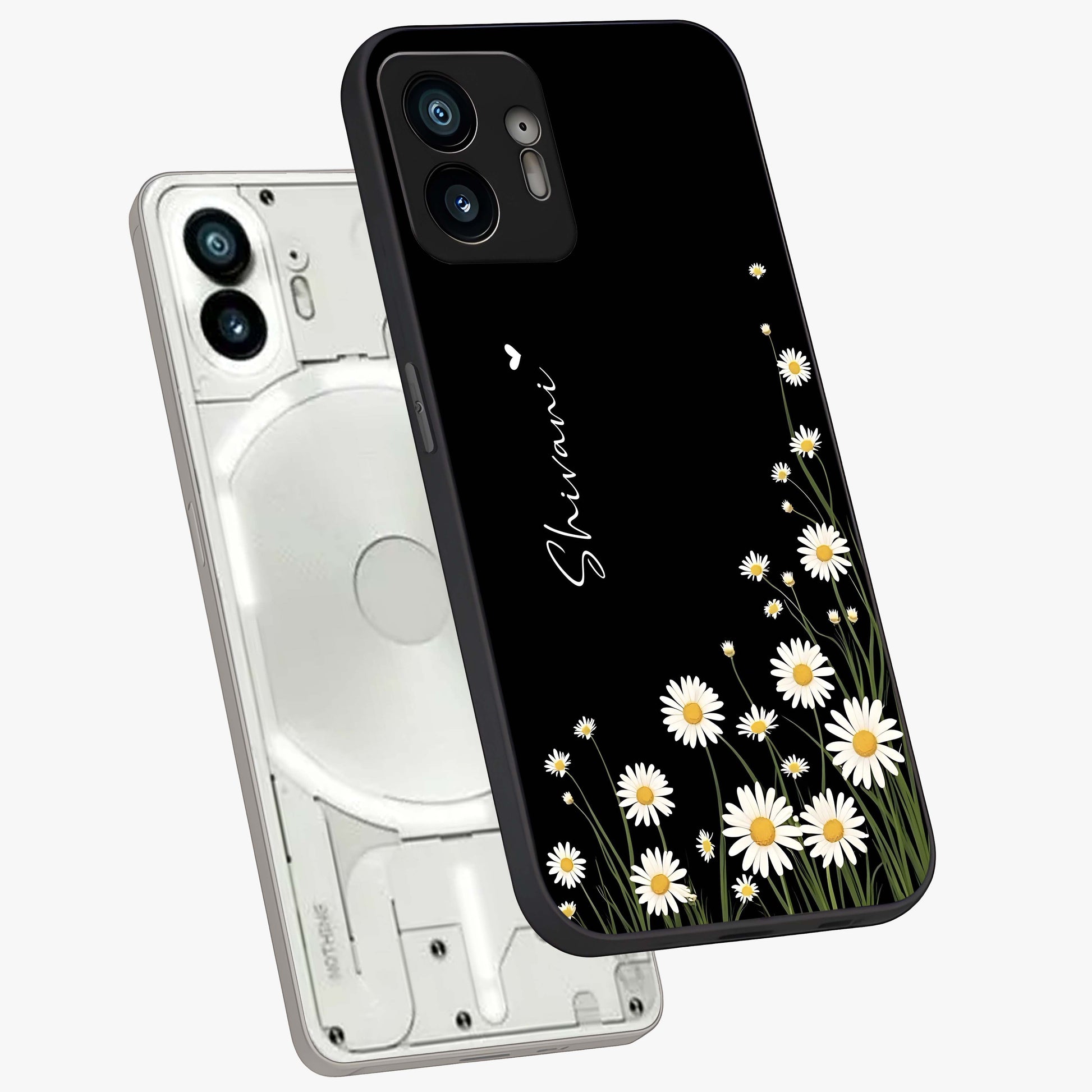 Daisy Cascade Custom Name Glass Case displayed in angled mockup highlighting delicate daisy artwork with custom name feature.