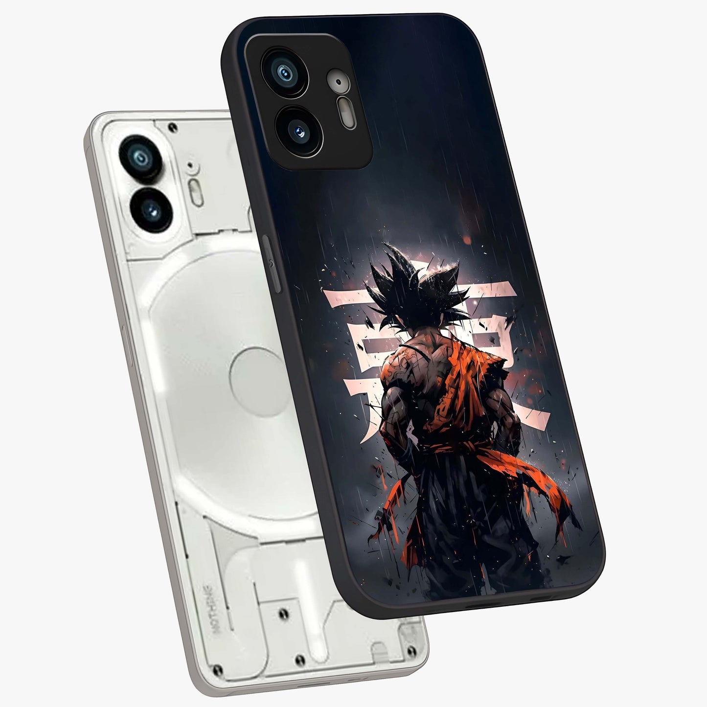 Dark Warrior In Rain Glass Case displayed in angled mockup highlighting dramatic warrior illustration with dark rain aesthetic.