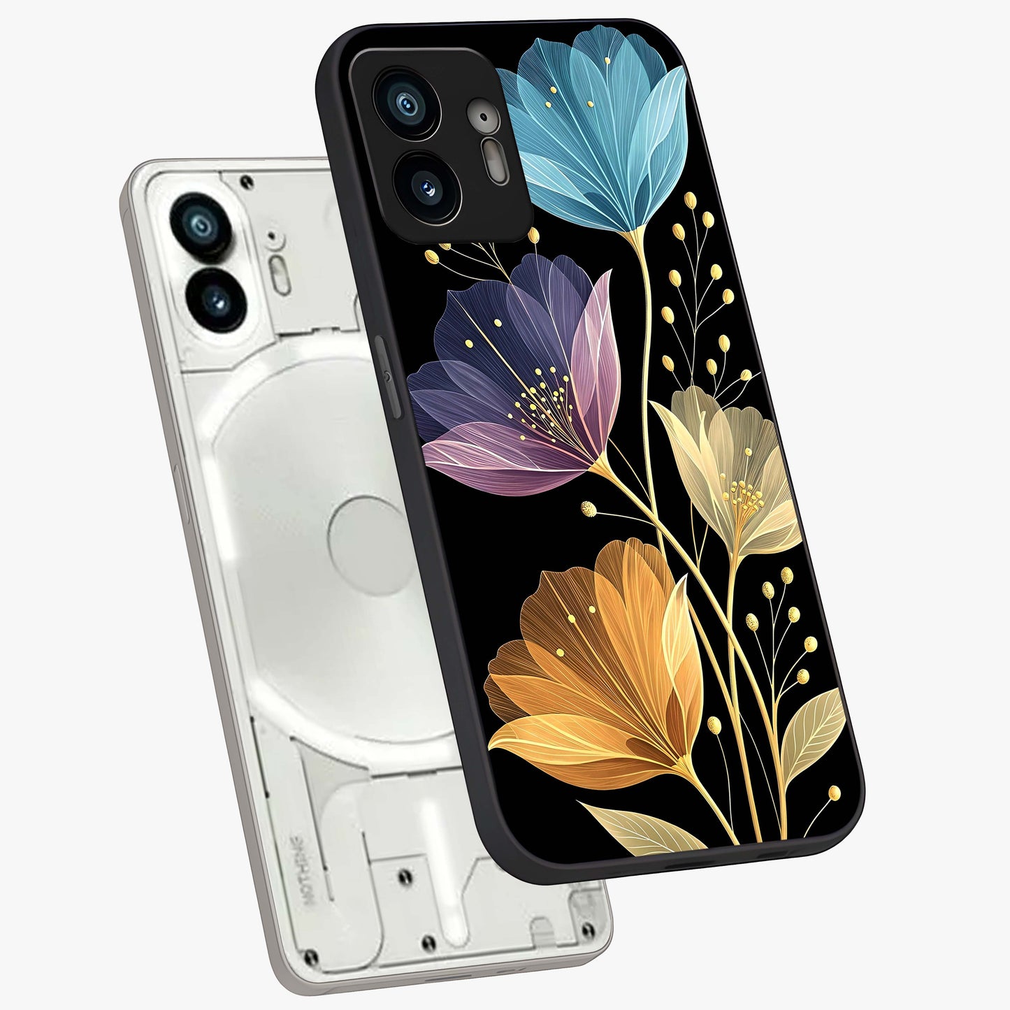 Delicate Multicolor Flowers Glass Case displayed in angled mockup highlighting colorful flower pattern with soft aesthetic style.