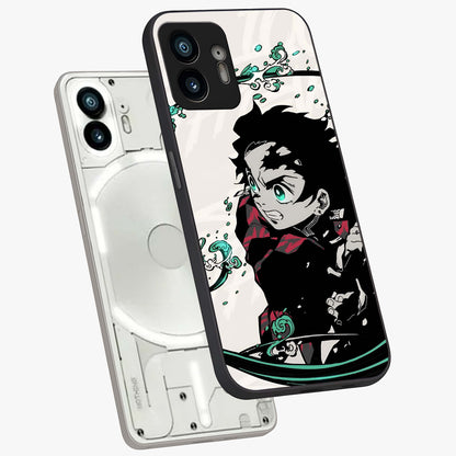 Demon Slayer Glass Case displayed in angled mockup highlighting dramatic anime character design with action aesthetic.