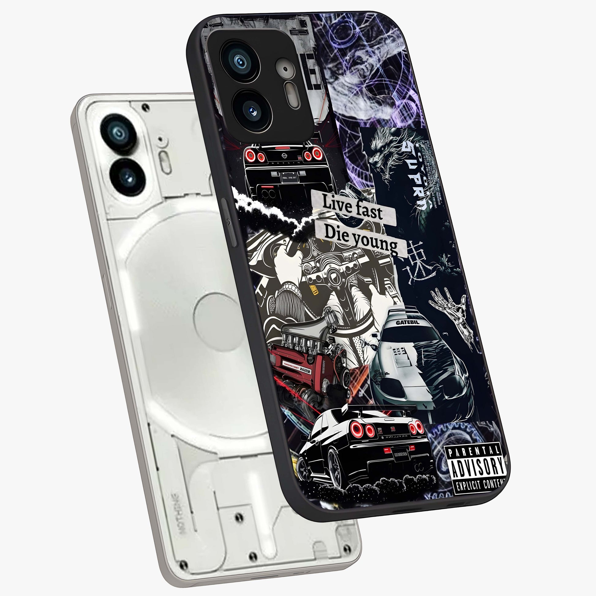 Die Young Glass Case displayed in angled mockup highlighting expressive graphic artwork with edgy aesthetic style.