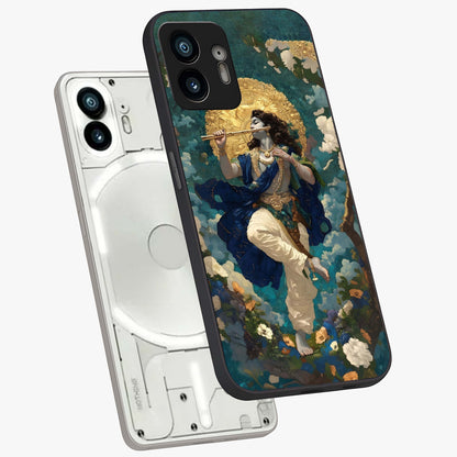 Divine Krishna Art Glass Case displayed in angled mockup highlighting spiritual Krishna illustration with devotional aesthetic.