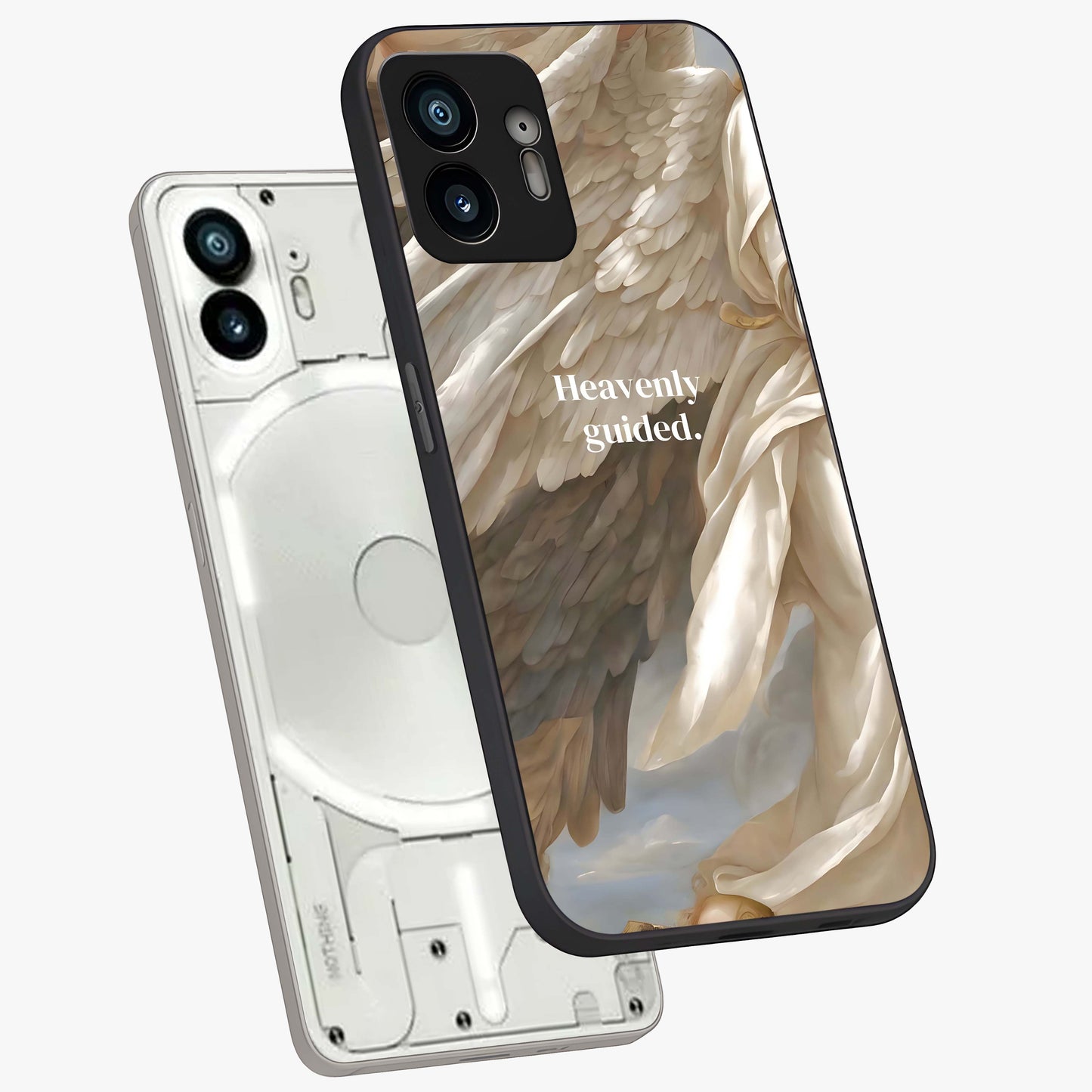 Divine Winged Grace Glass Case displayed in angled mockup highlighting graceful wing design with divine aesthetic style.