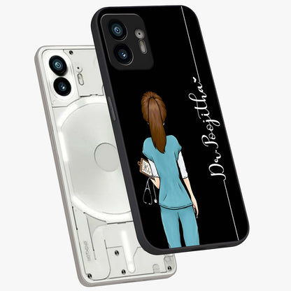 Doctor Pattern Custom Name Glass Case displayed in angled mockup highlighting doctor inspired artwork with custom name feature.