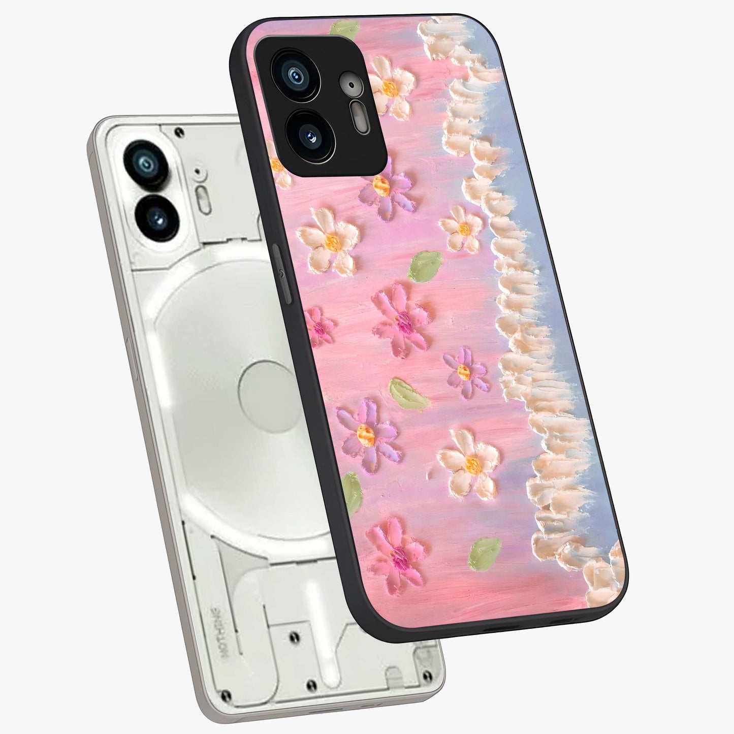 Dreamy Painted Garden Glass Case displayed in angled mockup highlighting colorful garden illustration with dreamy aesthetic style.