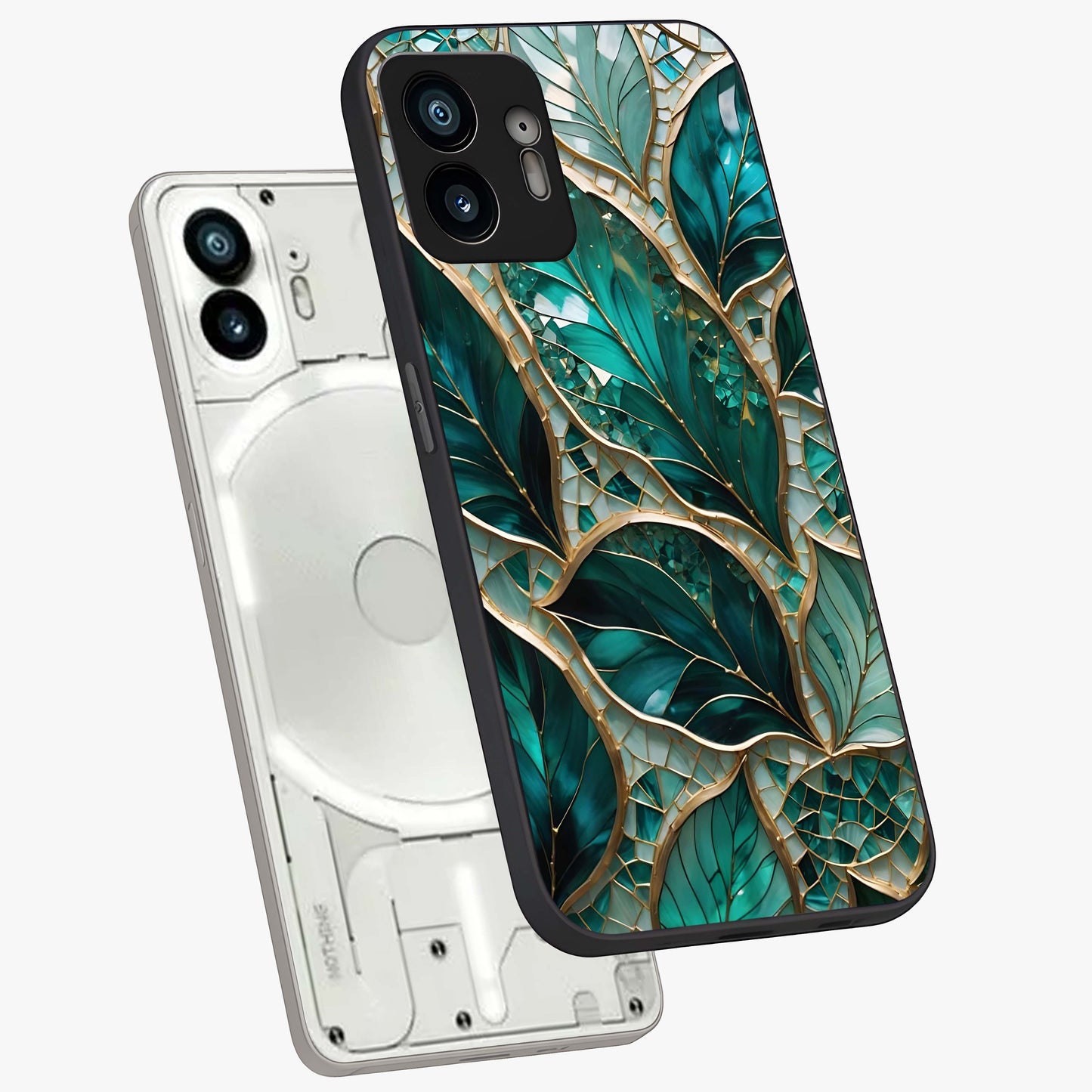 Emerald Leaf Glass Glass Case displayed in angled mockup highlighting botanical leaf illustration with elegant natural aesthetic.
