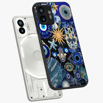 Evil Eye Charm Mix Glass Case displayed in angled mockup highlighting protective evil eye symbols with spiritual aesthetic design.