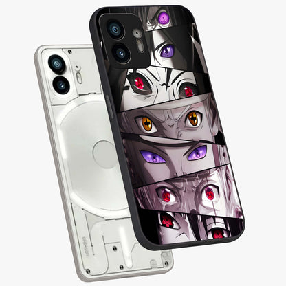 Eyes of Destiny Glass Case displayed in angled mockup highlighting bold eye illustration with mystical aesthetic style.