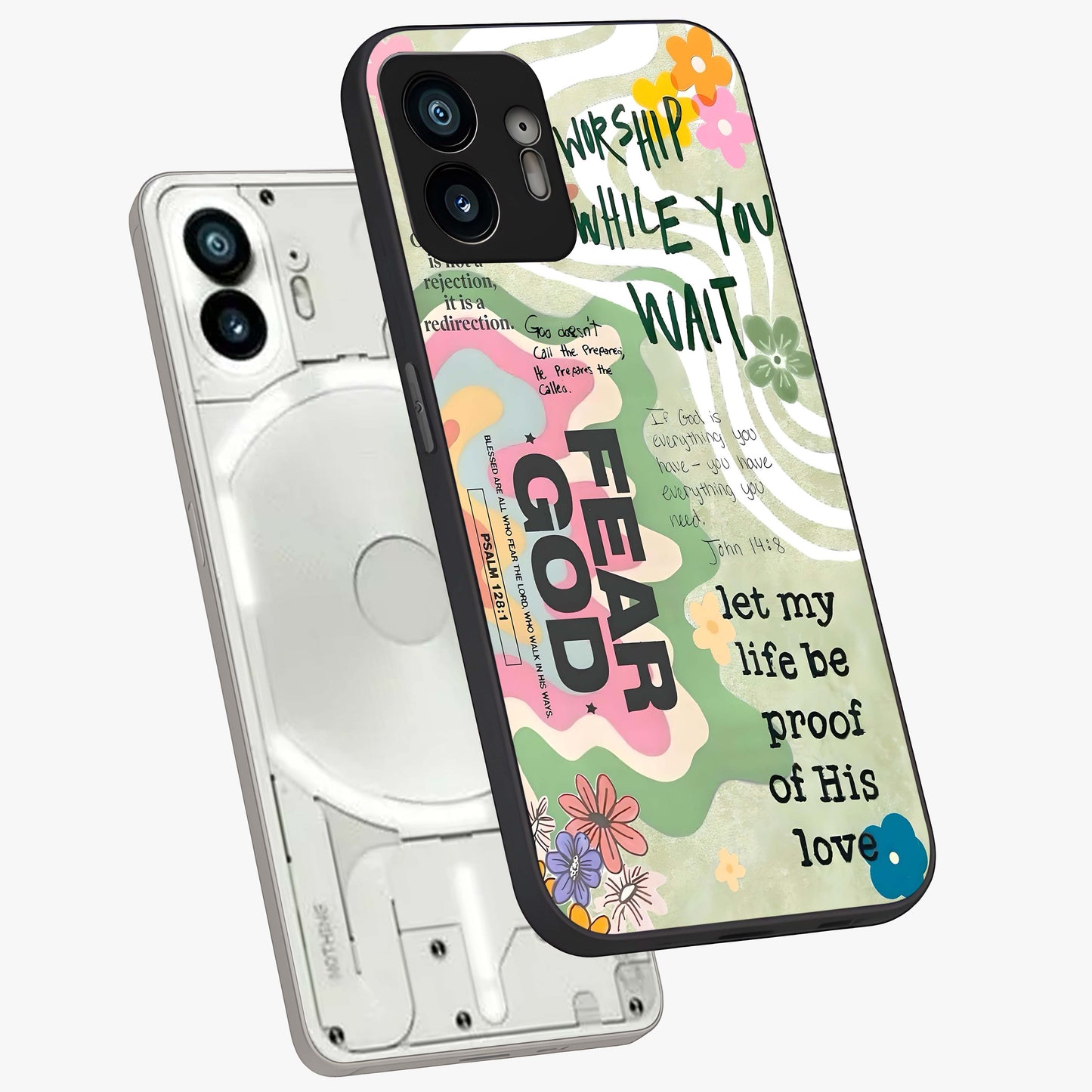 Faith Over Fear Glass Case displayed in angled mockup highlighting inspirational message design with modern aesthetic style.