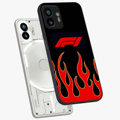 Fire F11 Glass Case displayed in angled mockup highlighting bold fire inspired graphic with energetic aesthetic style.