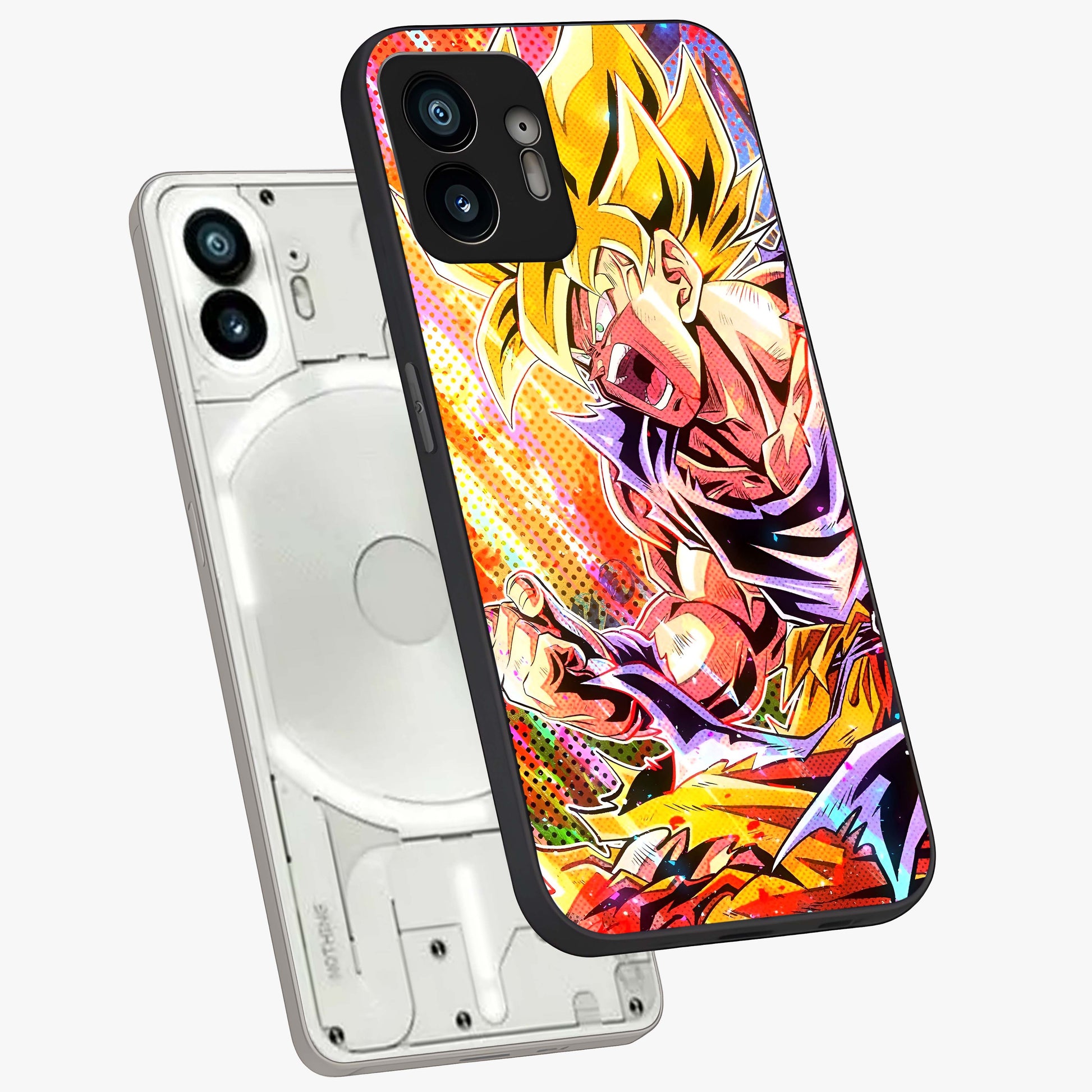 Firing Goku Glass Case displayed in angled mockup highlighting dynamic anime character design with action aesthetic.