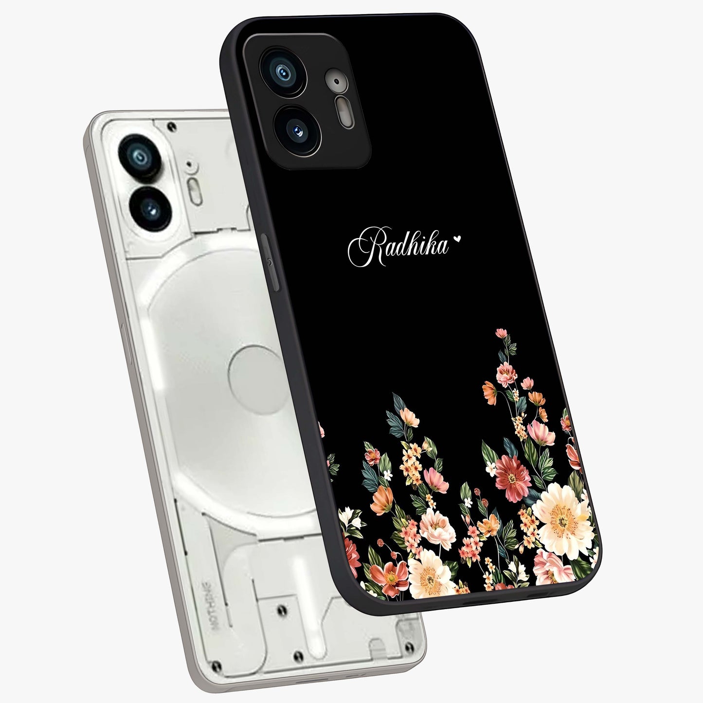 Floral Design With a Custom Personalized Name Glass Case displayed in angled mockup highlighting elegant floral pattern with custom name feature.