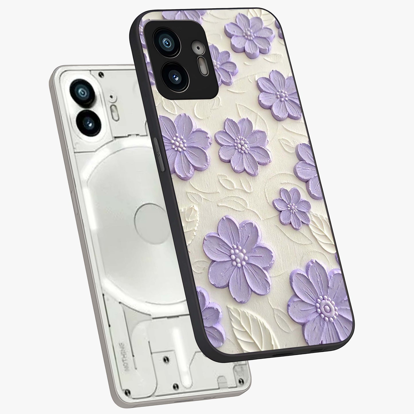 Floral Wall Art With Purple Flowers Glass Case displayed in angled mockup highlighting vibrant purple floral illustration with artistic aesthetic.
