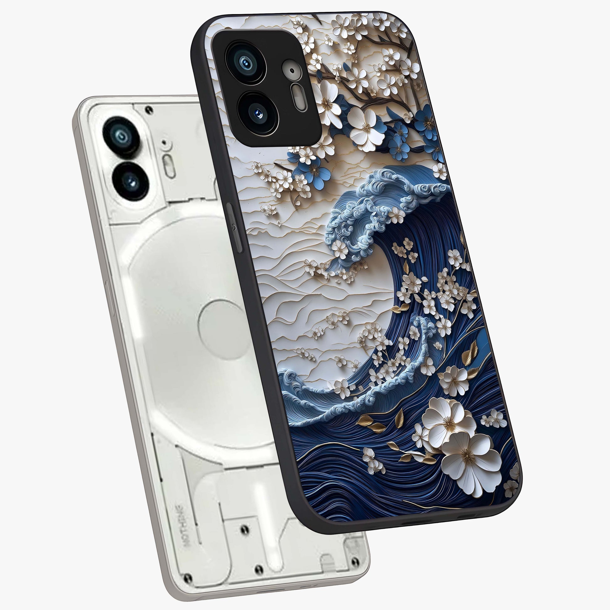 Floral Wave Origami Glass Case displayed in angled mockup highlighting geometric origami flower design with modern aesthetic style.