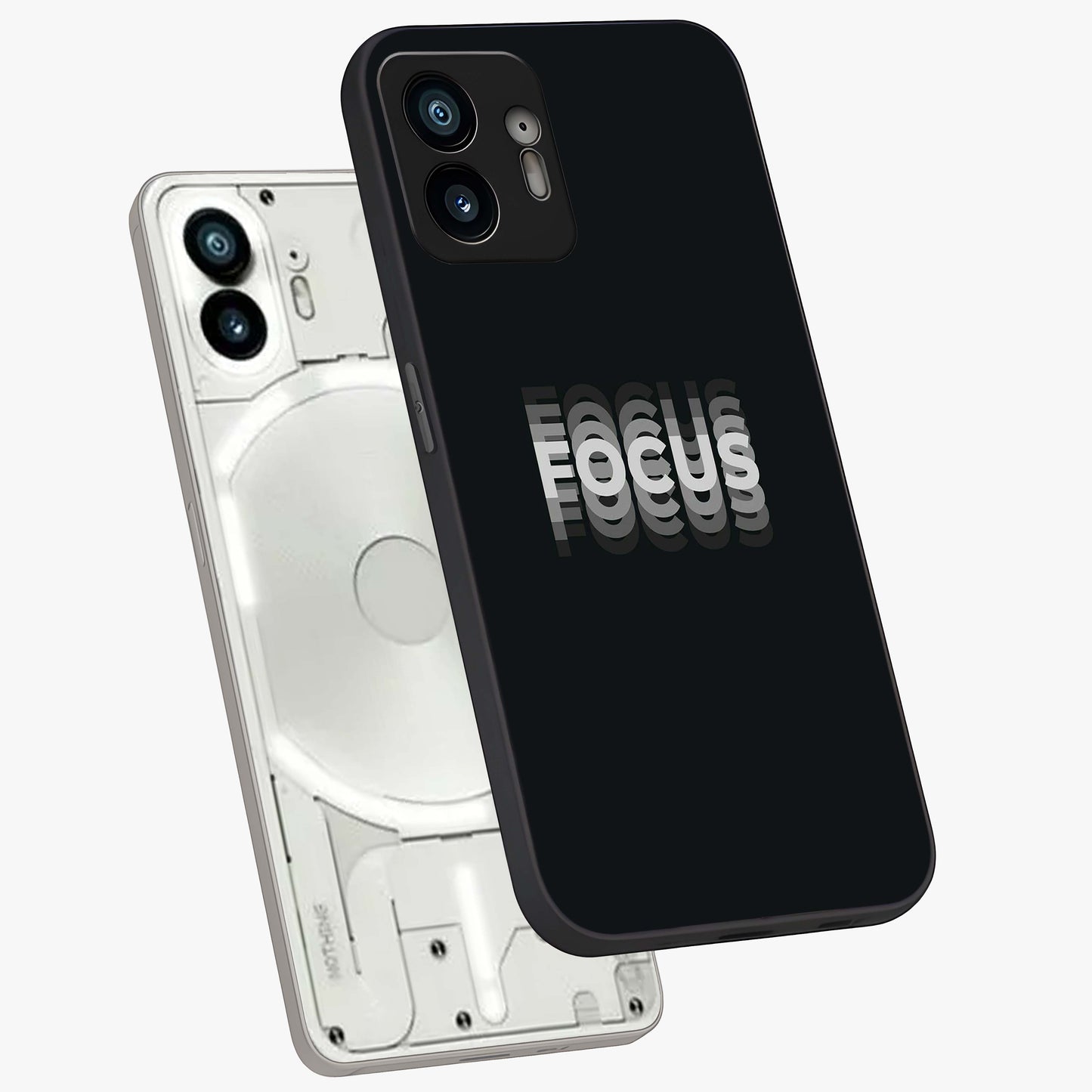Focus Mode On Glass Case displayed in angled mockup highlighting clean minimal text artwork with modern aesthetic style.
