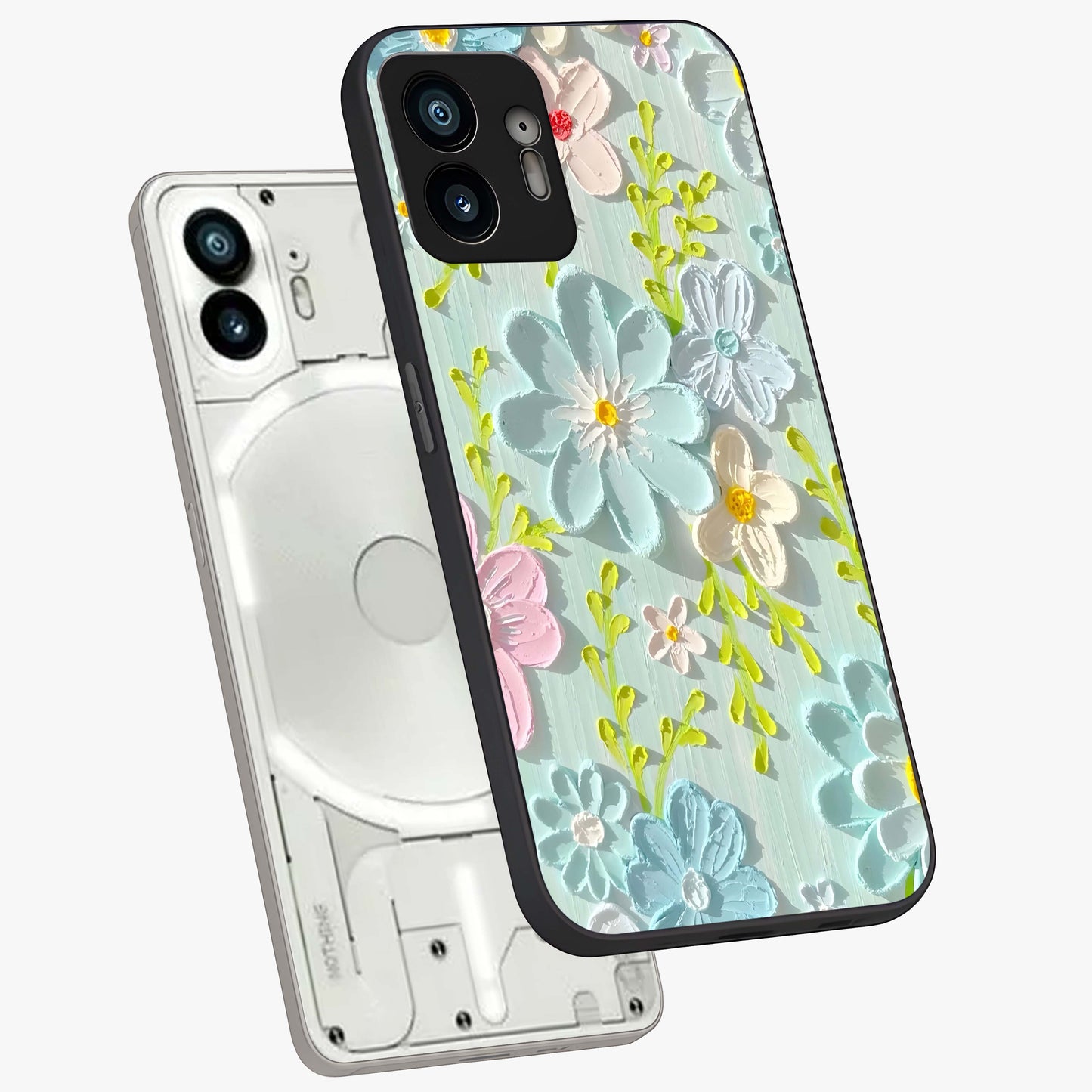 Frosted Petal Garden Glass Case displayed in angled mockup highlighting delicate flower petal design with calm garden aesthetic.