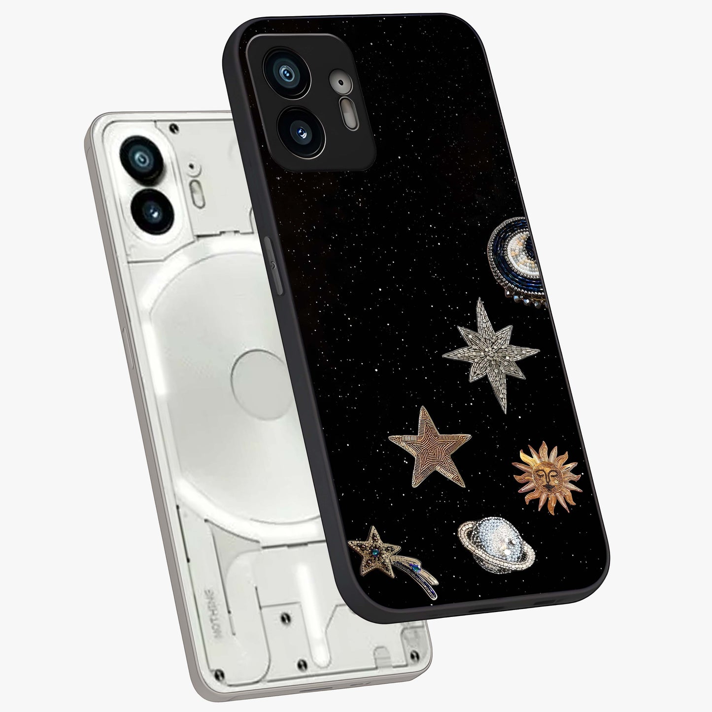 Galactic Charm Glow Glass Case displayed in angled mockup highlighting luminous galaxy inspired design with dreamy aesthetic.