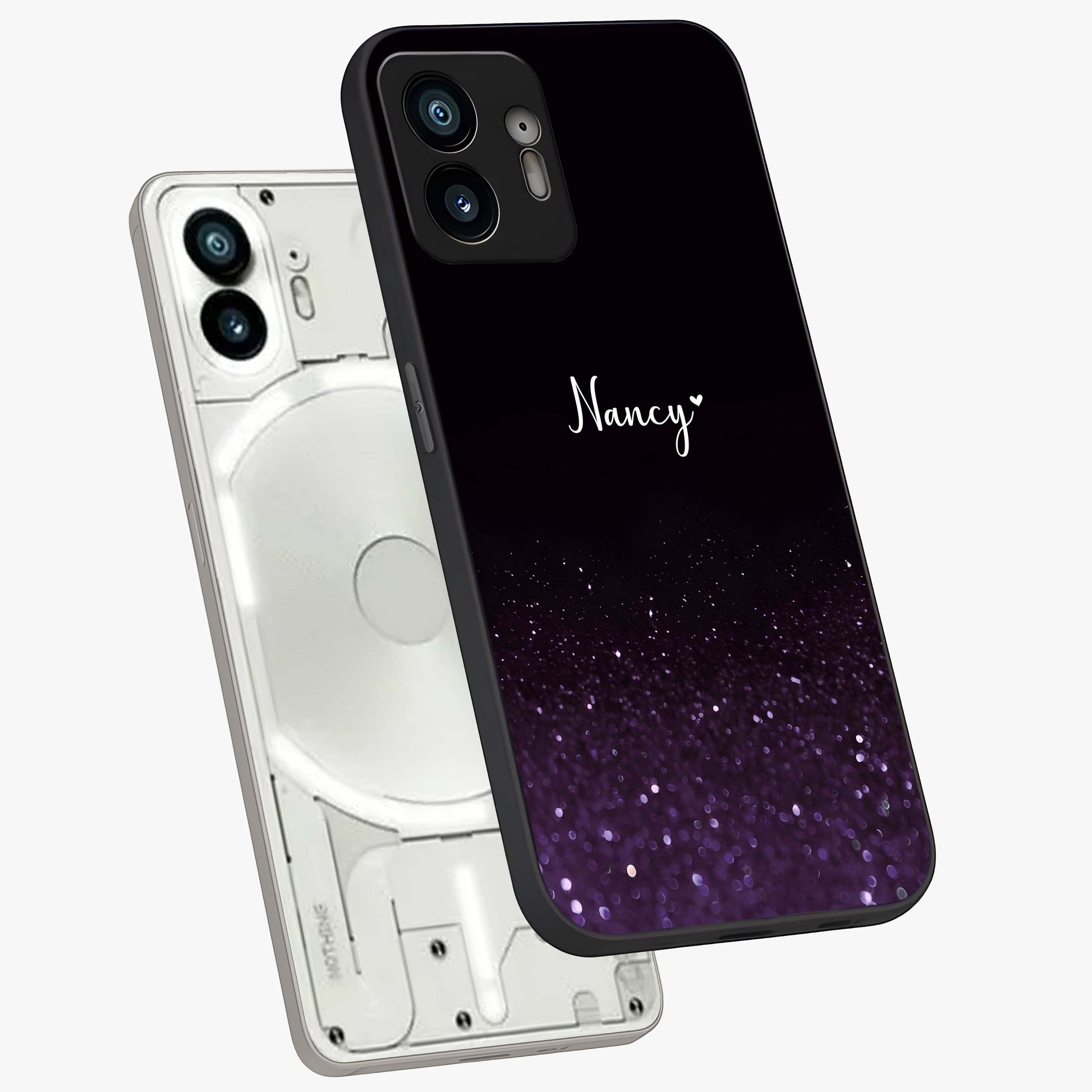 Glittery Purple Bokeh Custom Name Glass Case displayed in angled mockup highlighting glitter bokeh pattern with custom name feature.