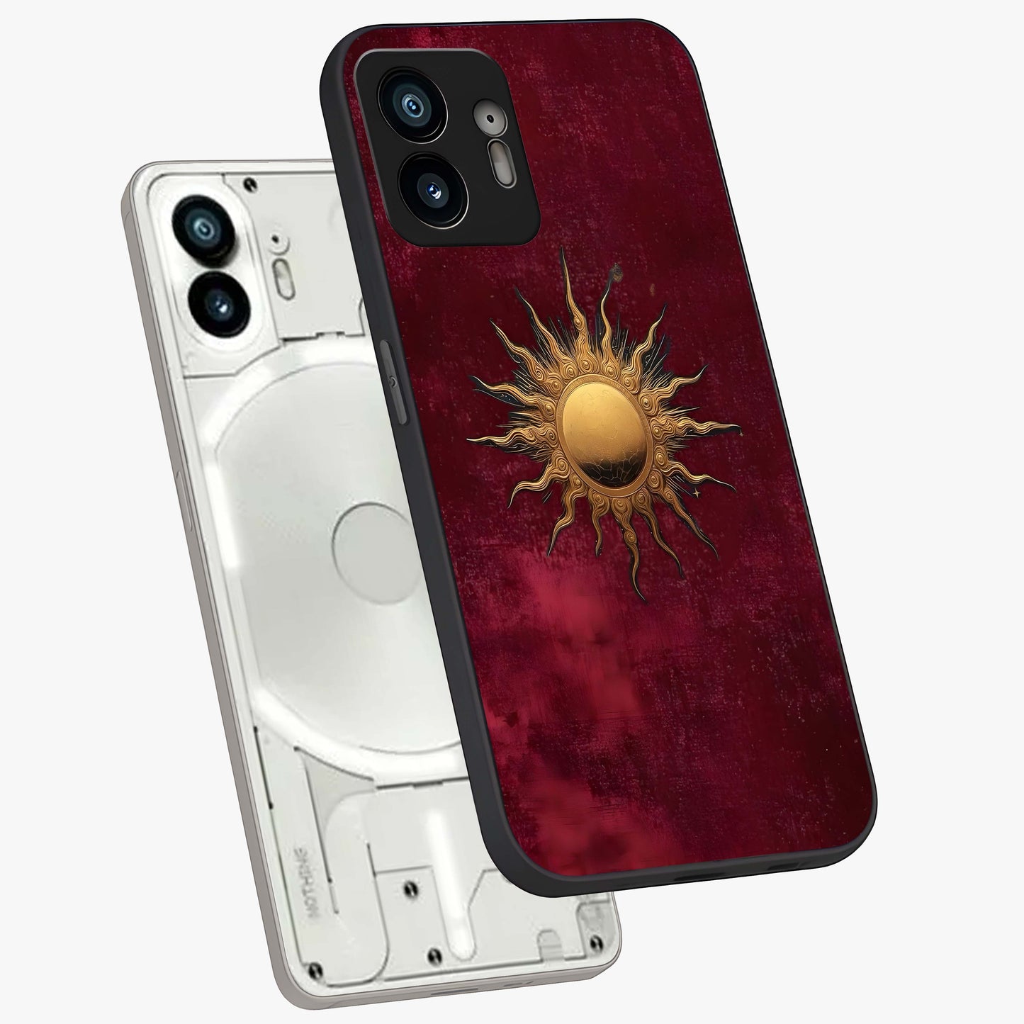Golden Sun Minimalism Glass Case displayed in angled mockup highlighting clean sun symbol design with modern minimal aesthetic.