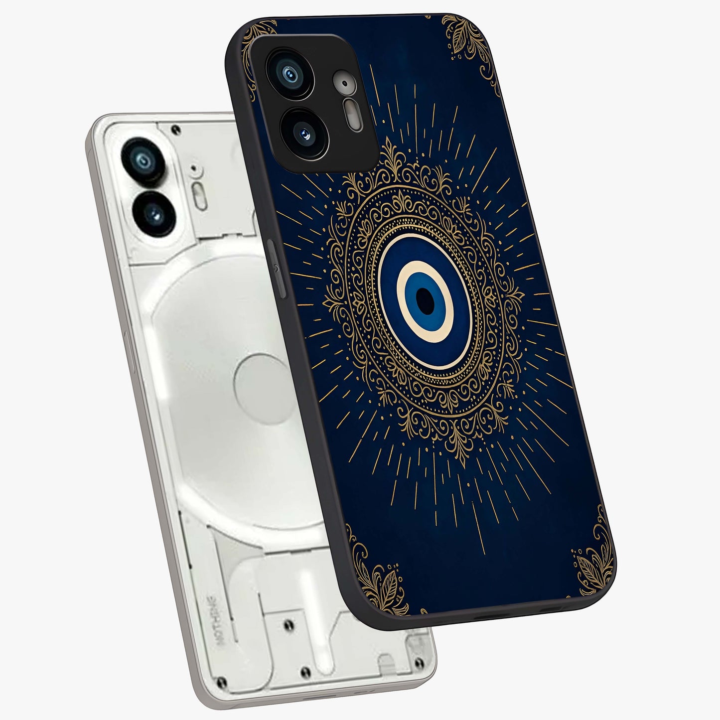 Golden Celestial Charm Glass Case displayed in angled mockup highlighting sparkling cosmic charm design with celestial aesthetic.